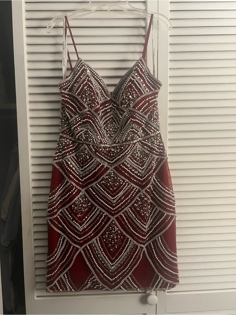 Sherri Hill Burgundy Beaded Spaghetti-Strap Mini Dress